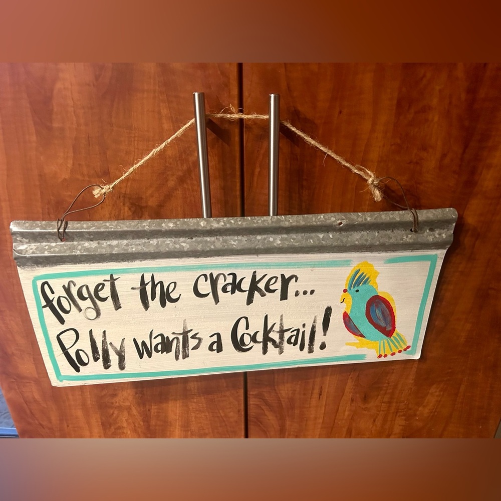 Whimsical - colorful, hand painted Parrot Cocktail- Tin sign.
